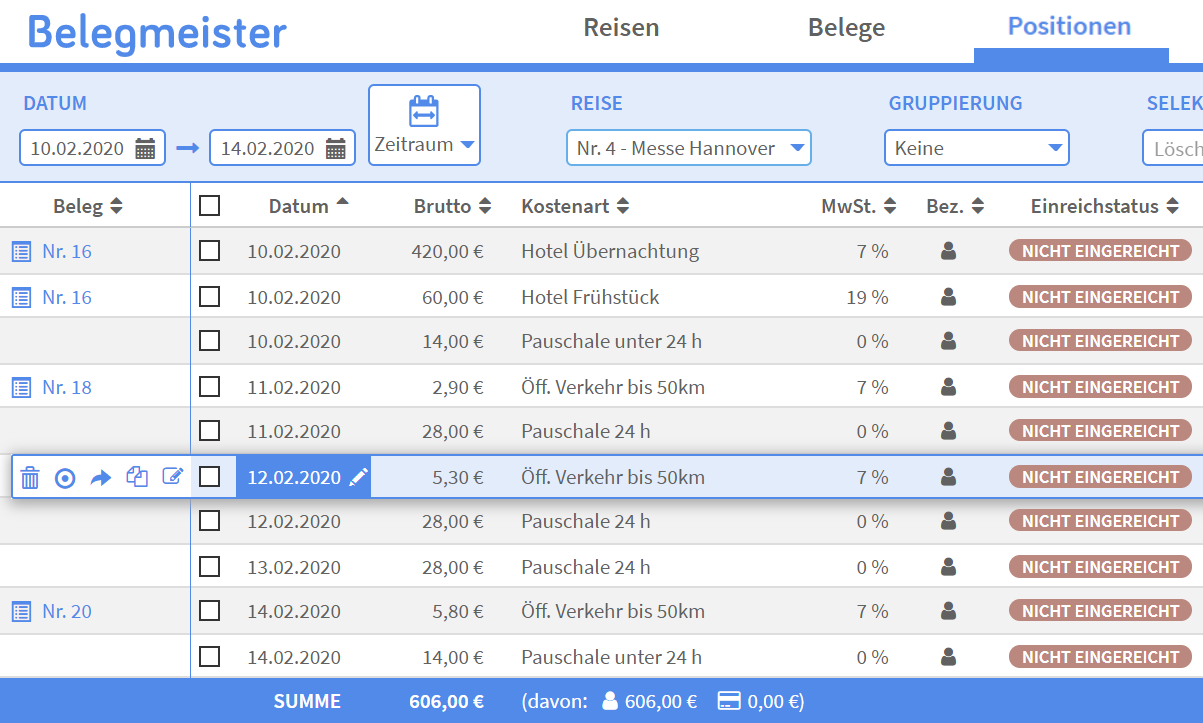 Abrechnungspositionen bearbeiten